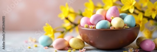 Pastel chocolate & sugar Easter eggs, forsythia blossoms in bowl , Easter, festive