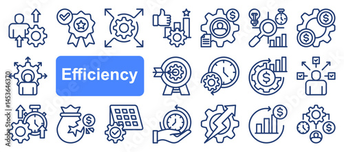 Efficiency icon collection set. Containing productivity, optimization, resource utilization, effectiveness, streamlining, lean processes, time management, cost icon. Simple line vector