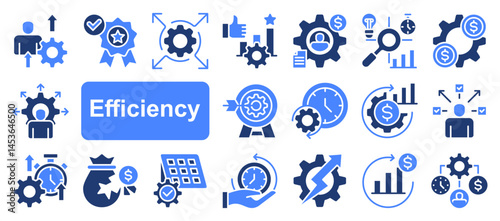 Efficiency icon collection set. Containing productivity, optimization, resource utilization, effectiveness, streamlining, lean processes, time management, cost icon. Simple flat vector