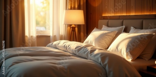 Soft glow illuminates plush bedding, warm wood tones , warm light, golden hour