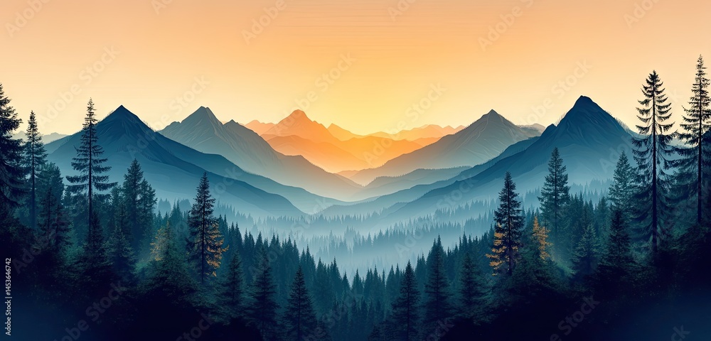 Obraz premium Mountain vista at sunrise through a misty forest.