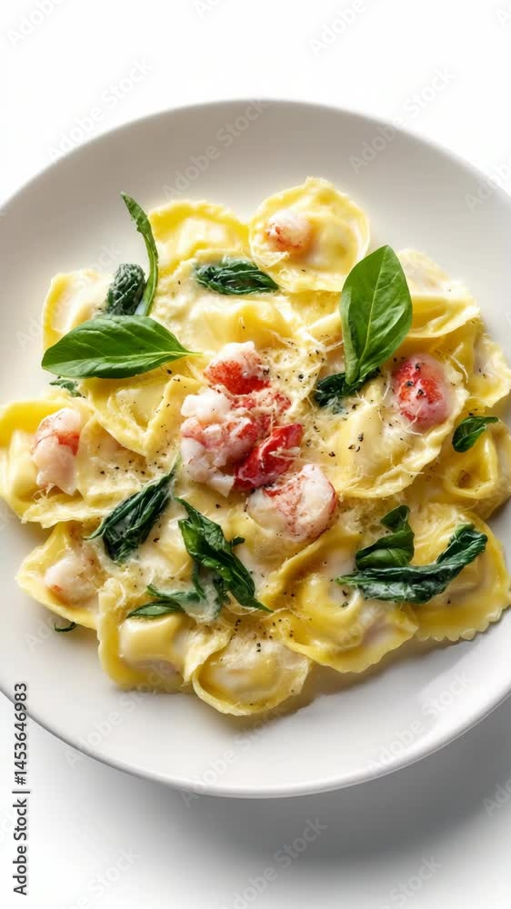 Delicious plate of lobster ravioli pasta with creamy sauce and fresh basil leaves on a white plate, Italian cuisine Delicious plate of lobster ravioli pasta with creamy sauce and fresh basil leaves on a white plate, Italian cuisine
