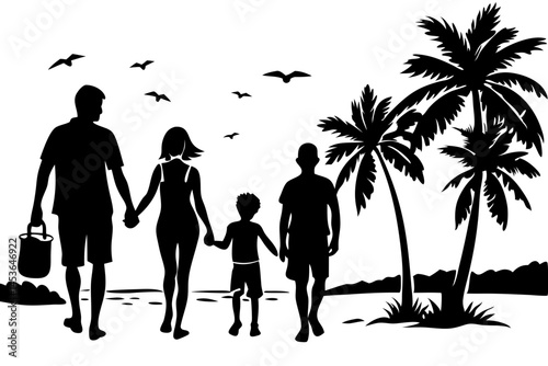 Family silhouette on beach at sunset vacation lifestyle transparent design, family, silhouette, beach, sunset, vacation, lifestyle, travel, vector, illustration, design, adults, children, together