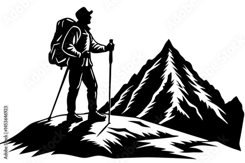 Hiker silhouette standing atop mountain peak adventure and exploration design, hiker, silhouette, mountain, peak, summit, adventure, exploration, standing, facing, vector, climbing, trekking, outdoors