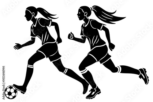 Side profile silhouette of two female soccer players ready to play, soccer, female, woman, athlete, player, side profile, sport, silhouette, outline, vector, illustration, graphic, design, soccer play