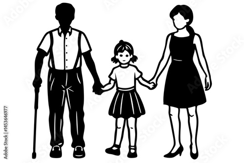 Silhouette design of a family of three standing together on white, family, silhouette, people, vector, love, together, adults, child, parent, bonding, relationship, standing, support, black, white