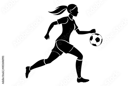 Silhouette of a female soccer player running in a side profile view, soccer, female, player, silhouette, sport, running, side profile, vector, athletic, action, woman, competition, team, motion, black