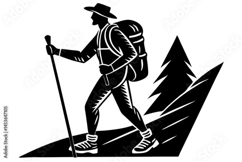 Single hiker silhouette walking on a trail design element with transparency, hiker, hiking, trail, walking, silhouette, outdoors, nature, adventure, mountain, journey, exploration, single, person