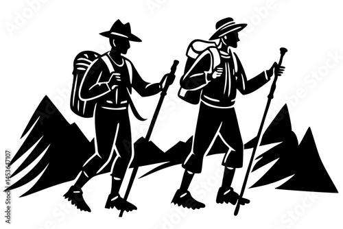 Two hikers walking silhouette on a trail adventure and exploration together, hiker, hiking, silhouette, trekking, trail, adventure, nature, outdoors, mountain, travel, backpack, walking, active
