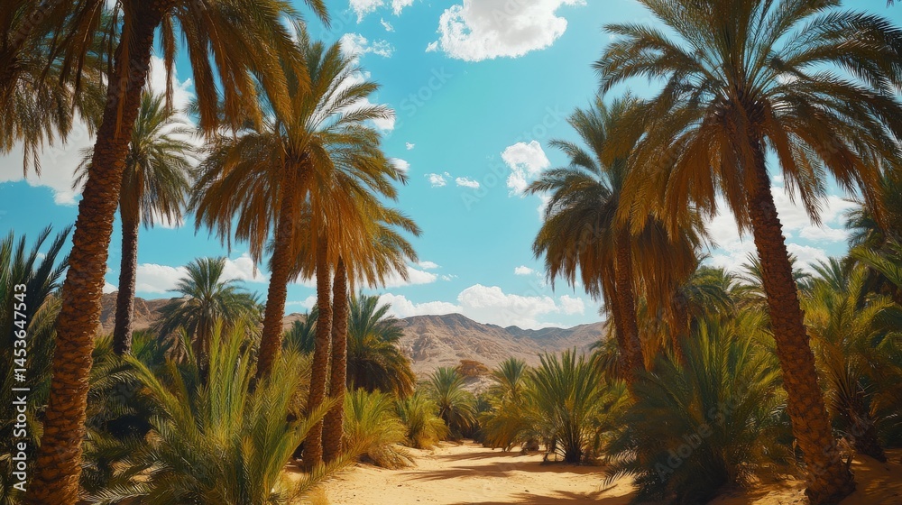Obraz premium Explore a vibrant pathway lined with tall palm trees under a clear blue sky. Nature thrives in this desert oasis, inviting adventure and tranquility. Generative AI