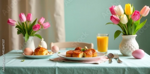 Decorated table with Easter brunch, pastel tablecloth, spring flowers, celebration, Easter, table