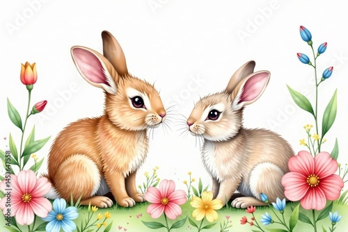 Delicate watercolor rabbits nestled amongst blooming wildflowers, seamless repeat , background pattern, artwork, fabric
