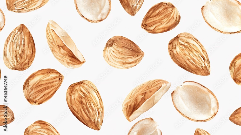 Whole and halved almonds are clearly displayed on a white background, showcasing their texture and shape. This image, created with generative AI, highlights the almonds in an isolated setting, allowin Whole and halved almonds are clearly displayed on a white background, showcasing their texture and shape. This image, created with generative AI, highlights the almonds in an isolated setting, allowin