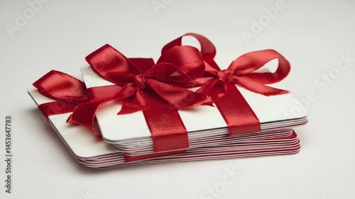 Arrangement of blank white gift cards stacked with tied elegant shiny red satin ribbons and bows