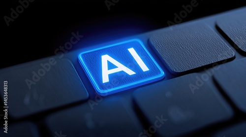 The glowing AI key on a sleek keyboard stands out in this vibrant image, representing the growing role of artificial intelligence in the digital world.
