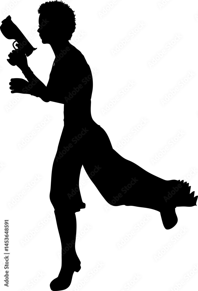 Silhouette of an armed female warrior running with a weapon. Dynamic silhouette of a strong female warrior running with a pistol in hand. Girl with gun in action, combat pose, sci-fi hero silhouette