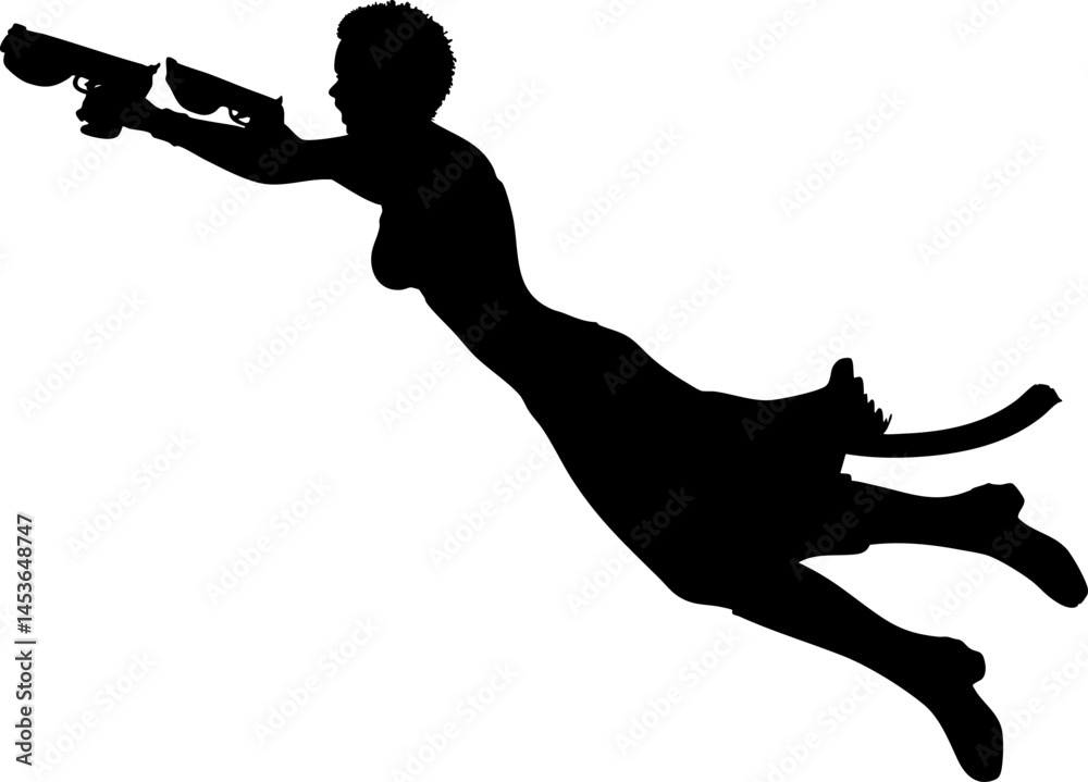 Silhouette of an armed female warrior running with a weapon. Dynamic silhouette of a strong female warrior running with a pistol in hand. Girl with gun in action, combat pose, sci-fi hero silhouette