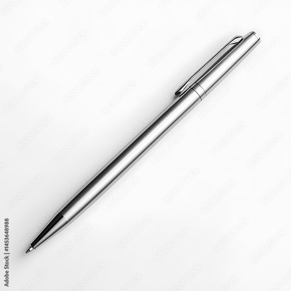 Sleek silver pen resting on a clean white surface, ideal for writing or office use Sleek silver pen resting on a clean white surface, ideal for writing or office use