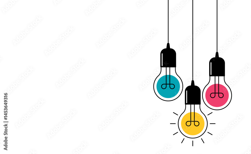 Multicolor hanging light bulbs on white background. Continuous line drawing light bulb. Concept of idea Multicolor hanging light bulbs on white background. Continuous line drawing light bulb. Concept of idea