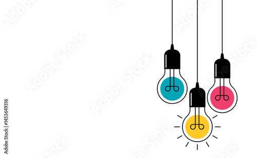 Multicolor hanging light bulbs on white background. Continuous line drawing light bulb. Concept of idea