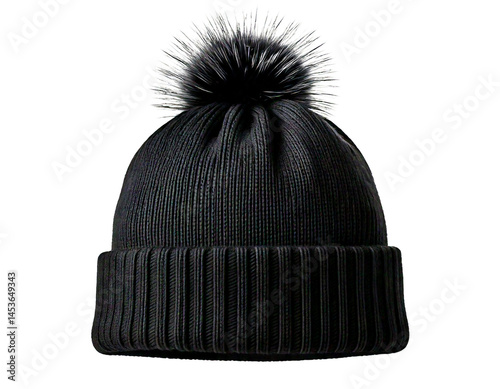 Winter warm black beanie hat with fake fur pompom on top isolated on white background. 