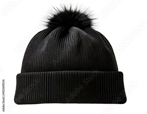  Winter warm black beanie hat with fake fur pompom on top isolated on white background. 