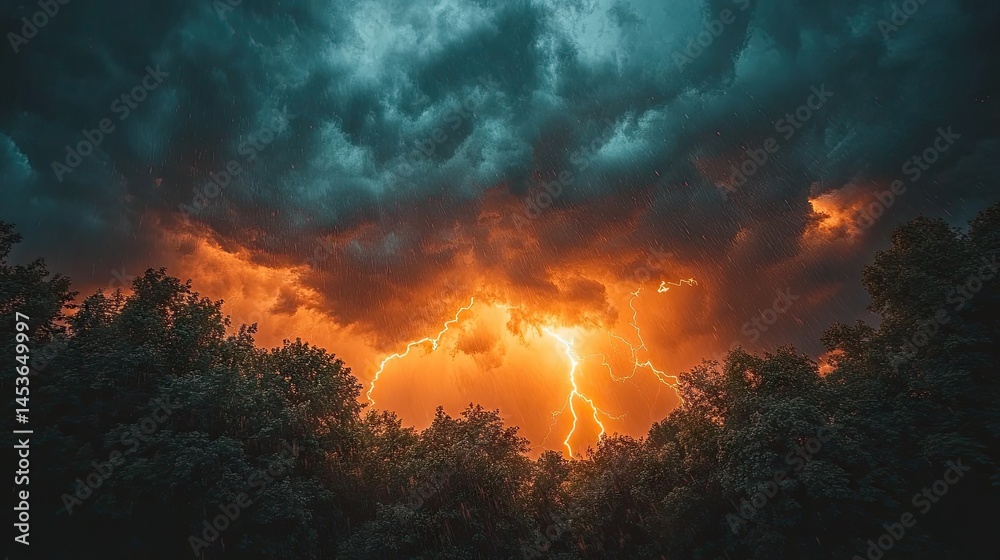 Fototapeta premium Dramatic storm clouds with vibrant lightning over trees