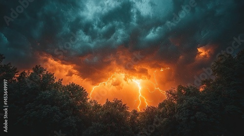 Dramatic storm clouds with vibrant lightning over trees photo