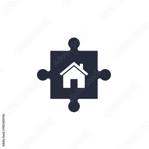 Puzzle piece with house icon in navy blue for home concept