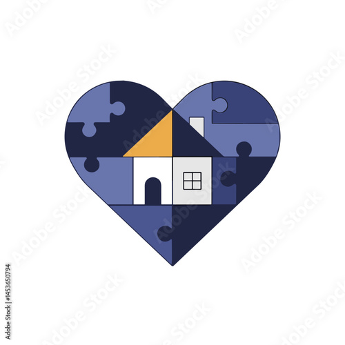 Heart shape with a puzzle house in navy blue and yellow for love and home concept