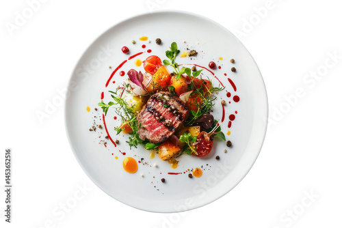 Gourmet dish featu perfectly grilled steak slices with colorful fresh vegetables and decorative sauce drizzle served on a white plate for fine dining