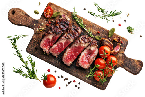 Juicy perfectly cooked medium rare steak slices on wooden cutting board garnished with cherry tomatoes herbs and spices for a delicious meat dish presentation