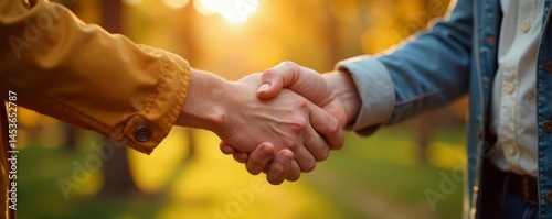 A father's hand meets his son's in a cheerful handshake , kinship, emotion, stock