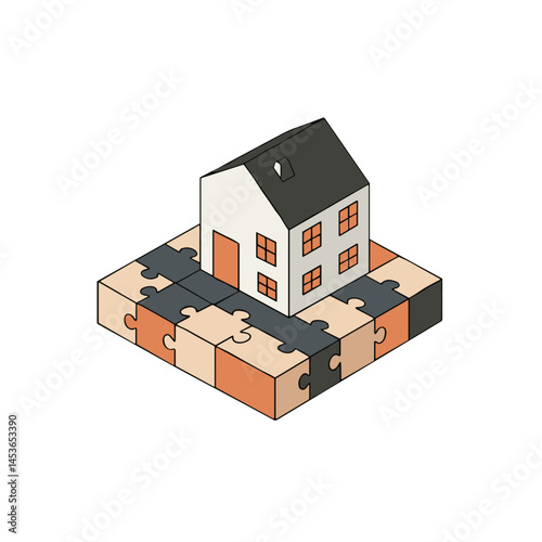 3D house model on a puzzle base in cream, orange, and black for home concept
