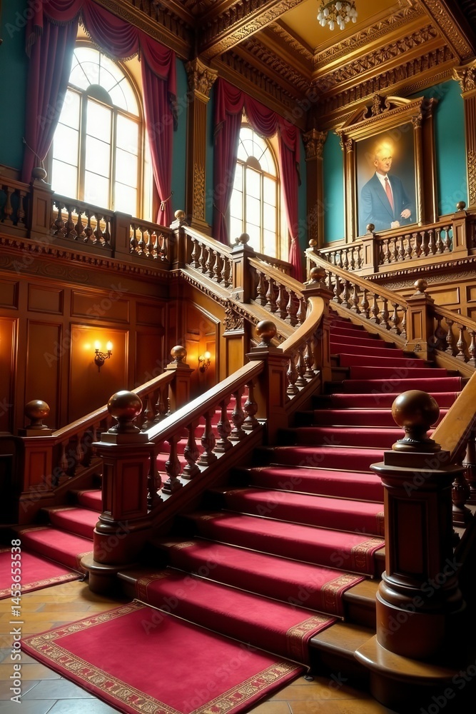 Obraz premium Grand staircase in government building, ornate details , stately, pillar, power