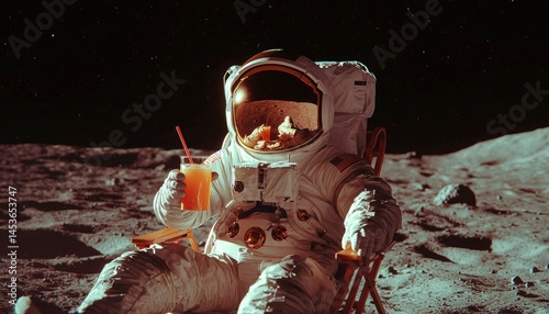 Astronaut sitting on the moon, sipping a drink, snack inside helmet