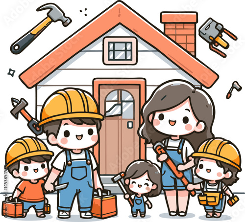 Happy Family Building Their Dream Home: Cute Cartoon Illustration