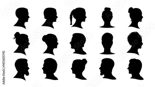 set of heads in profile silhouette vector on white background