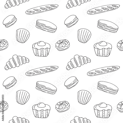 French bakery seamless pattern, hand-drawn, vector illustration