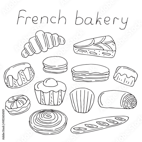 French bakery set, hand drawing, vector illustration