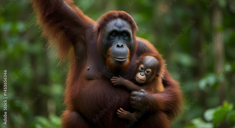 Fototapeta premium Orangutan Mother with Baby Holding Embrace