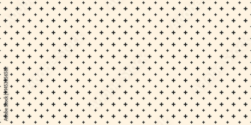 Seamless background pattern of evenly spaced white plus symbols of different sizes and opacity. Vector illustration on teal background with stars