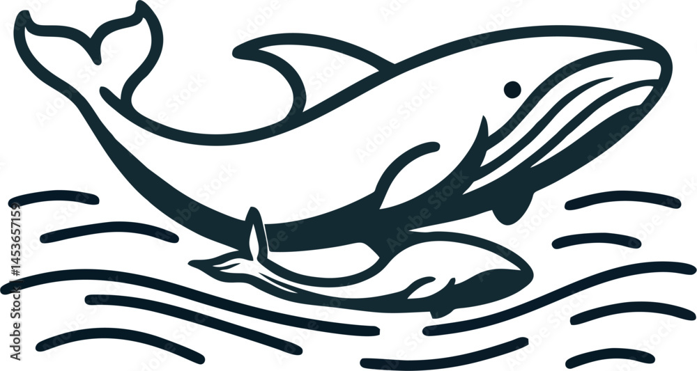 Obraz premium Vector line art of whale dolphins swimming through calm water, simple smooth lines