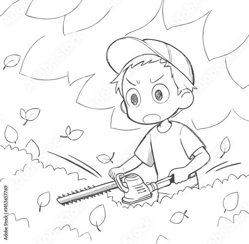 Grumpy Gardener: Boy with Hedge Trimmer Cartoon Illustration