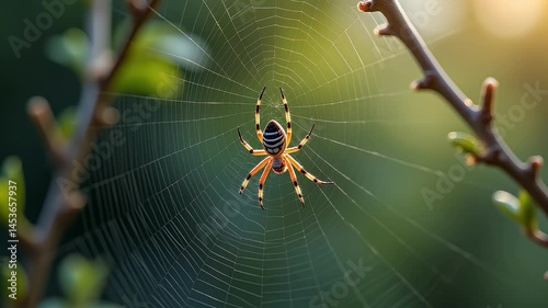 Spider sitting on web between tree branches outdoors  
