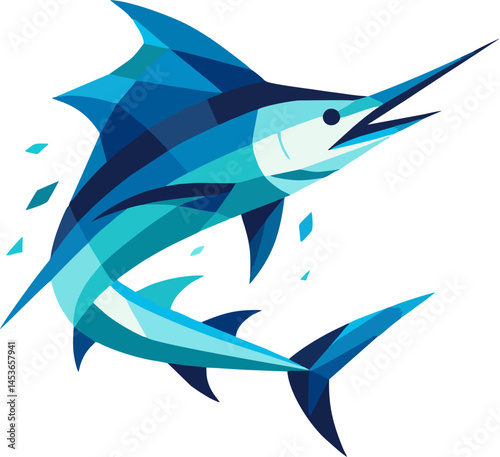 Stylized blue marlin in geometric minimalist style, composed of simple triangles and curves