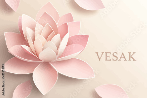 Stylish Vesak greeting card vector with layered paper cut lotus in soft pastel tones and refined "VESAK" text. Designed for modern celebration graphics, postcards, and digital greetings
