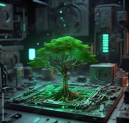 Futuristic Green Tree Growing from a Circuit-Embedded Motherboard, Representing the Fusion of Nature and Technology