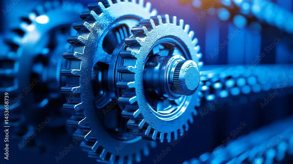 Close-up of interlocking metal gears and chain in motion, bathed in blue light