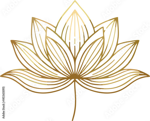 Simple line art of a lotus flower in gold color, thin elegant lines, minimalistic design